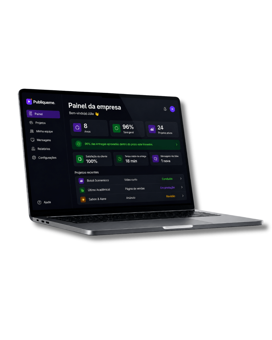 MacBook com painel da Publiqueme para empresas