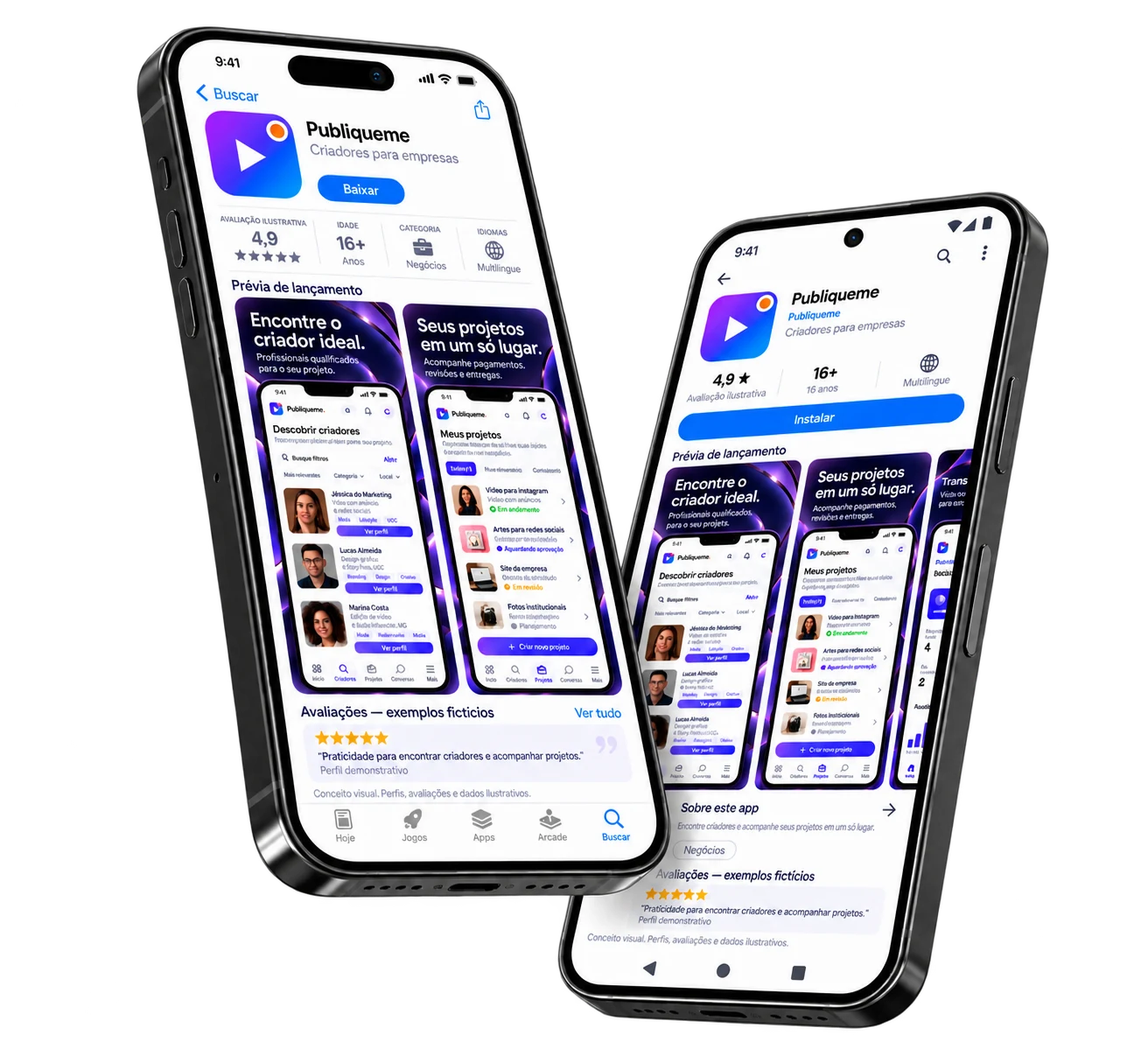 Um iPhone e um Android lado a lado mostrando a página da Publiqueme na App Store e no Google Play, com a prévia de lançamento e o botão de instalar